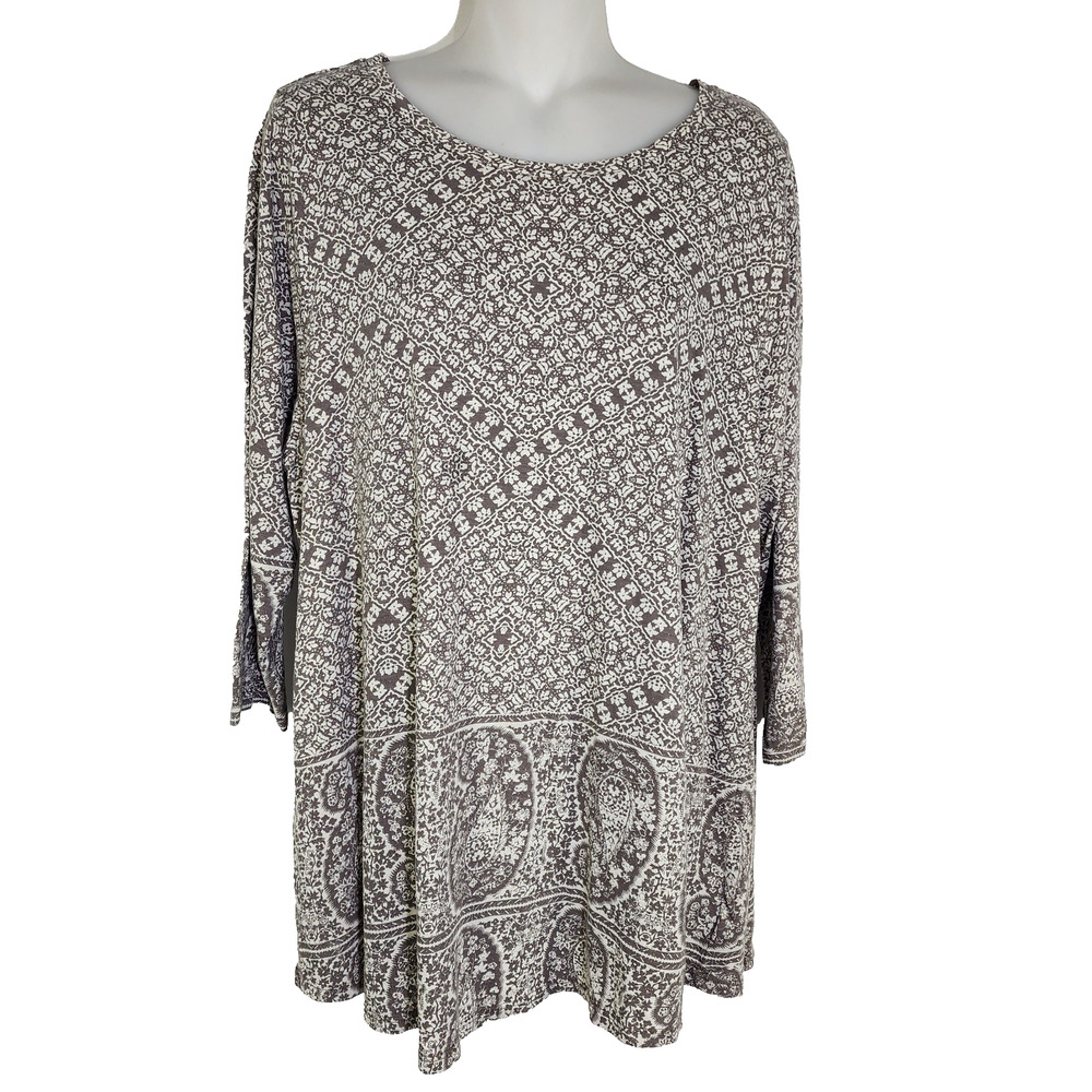 Lucky Brand Tunic Top Plus Size 1X Gray Paisley Border Cotton Modal 3/4 Sleeve